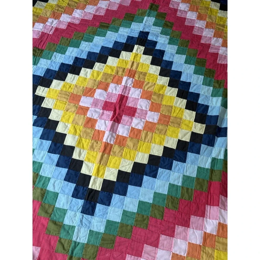 Vintage Diamond Trip Around The World Patchwork Quilt Handmade Rainbow